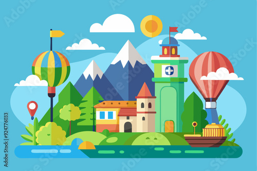 A Colorful Town with Hot Air Balloons, a Tower, and Mountains