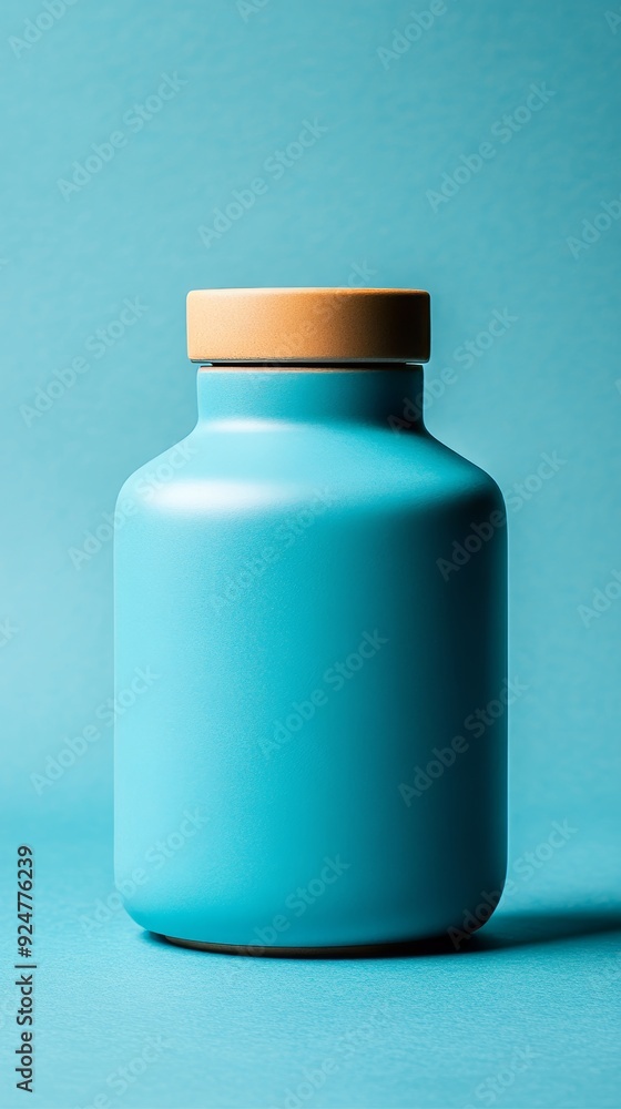 A blue bottle with a wooden lid sits on a blue background A blue bottle with a wooden lid sits on a blue background