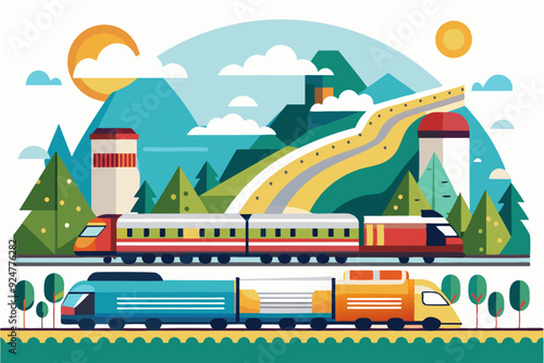 Two Trains Traveling Through a Mountainous Landscape