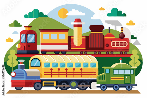 A Colorful Train Set with Multiple Cars and a Sunny Landscape