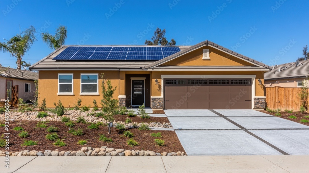 Modern suburban home with solar panels, brown garage door, landscaping, and a paved driveway.