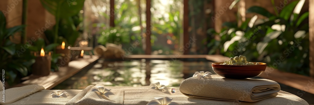 Fototapeta premium A spacious spa featuring a pool surrounded by lush greenery, soft towels, and candles, offering a luxurious and tranquil environment.