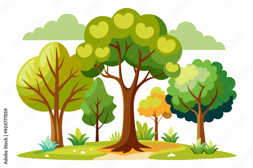 Naklejka premium A Cartoon Illustration of a Grove of Trees with a Path Through the Center