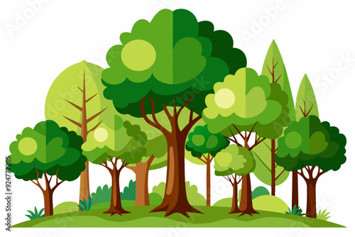 A cartoon illustration of a verdant forest with various trees and foliage.