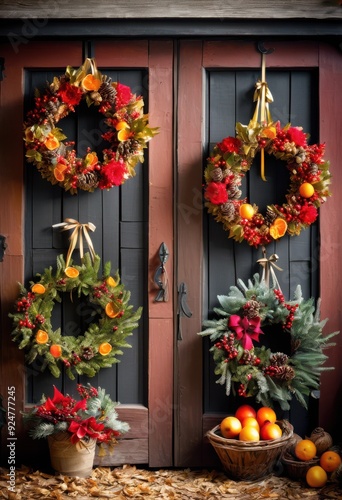 vibrant seasonal wreaths adorned colorful decorations lively festive atmosphere, flower, leaf, ribbon, craft, arrangement, home, holiday, circle, design