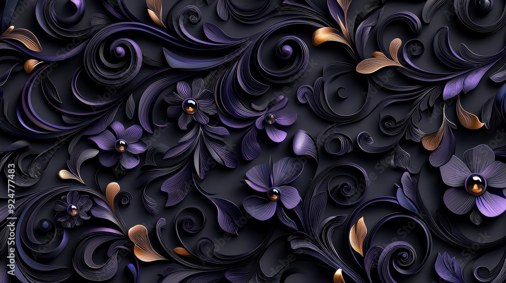 A Captivating Display of Intricate Hand-Drawn Gothic Scroll Patterns with Exquisite Floral Elements on a Deep Black Background, Evoking Mystery and Elegance. A Captivating Display of Intricate Hand-Drawn Gothic Scroll Patterns with Exquisite Floral Elements on a Deep Black Background, Evoking Mystery and Elegance.