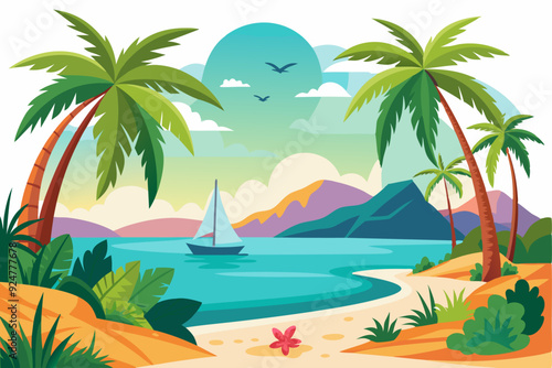 Tropical Beach Scene with Palm Trees and Sailboat