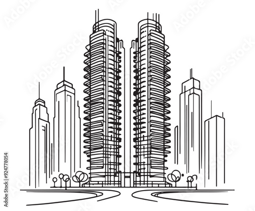 High rise building sketch. Line art