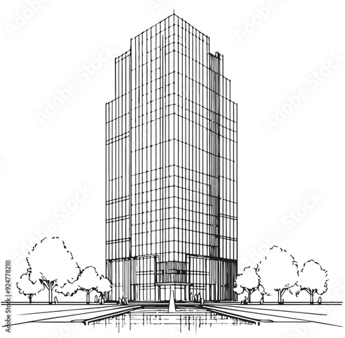High rise building sketch. Line art
