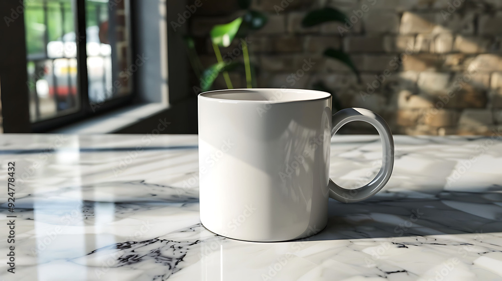 A plain white coffee mug on a marble countertop, ready for logo placement A plain white coffee mug on a marble countertop, ready for logo placement
