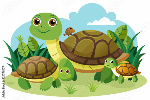 Three Cartoon Turtles in a Grassy Meadow