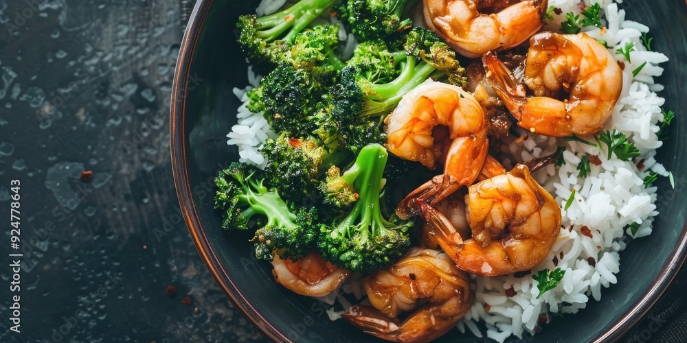 Shrimp Broccoli and White Rice in a Bowl Shrimp Broccoli and White Rice in a Bowl
