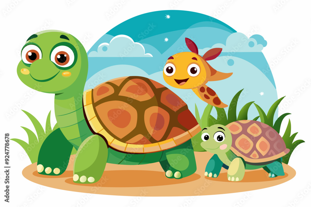 Obraz premium Cartoon turtles and a fish in a grassy area with a blue sky