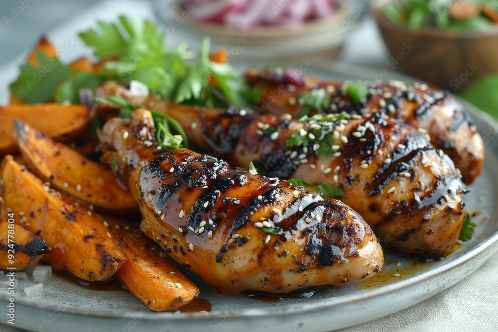 Grilled chicken served with sweet potato fries and garnished with herbs. Grilled chicken served with sweet potato fries and garnished with herbs.