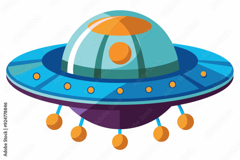 Cartoon illustration of a blue and orange UFO with round lights Cartoon illustration of a blue and orange UFO with round lights