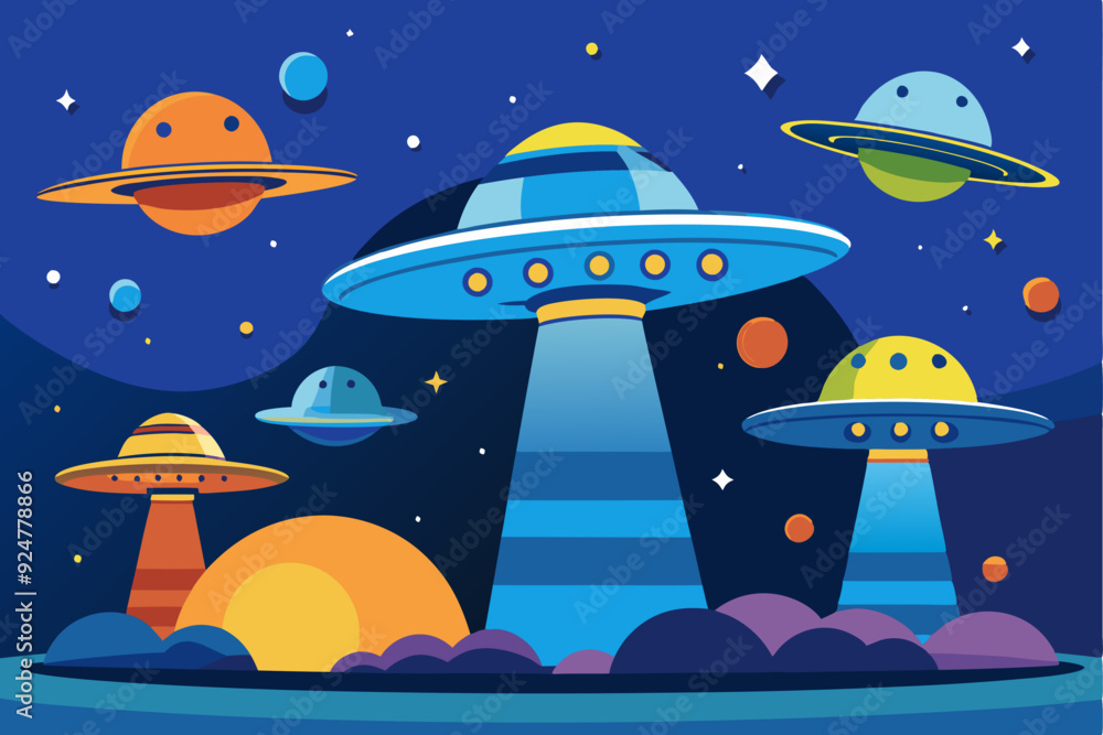 Obraz premium Colorful Flying Saucers Over a Night Sky With Planets and Stars