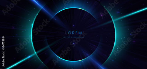 Abstract technology futuristic circles neon glowing blue lighting effect on black background.
