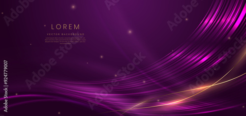 Luxury dark purple background with gold line curved and lighting effect sparkle.