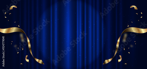 Blue curtain background. Golden confetti banner and ribbon background. Celebration grand openning party happy concept.