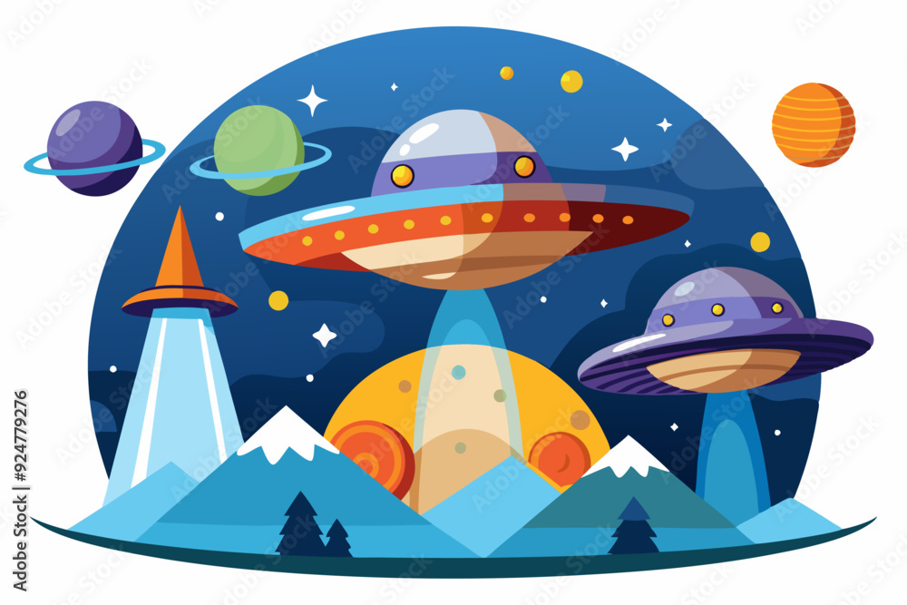 Naklejka premium Two Flying Saucers Over Snowy Mountains in Outer Space