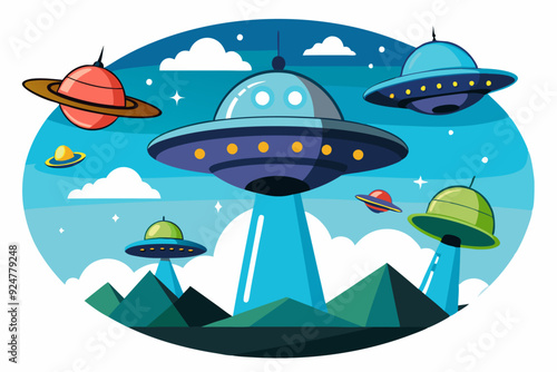 Multiple Flying Saucers in a Blue Sky with Green Mountains Below