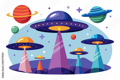 Five UFOs Hovering Over a Colorful Planet With Rings