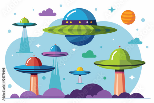 A Cartoon Illustration of Six UFOs in Outer Space