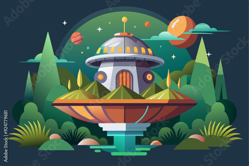 Futuristic spaceship hovering over a lush green landscape