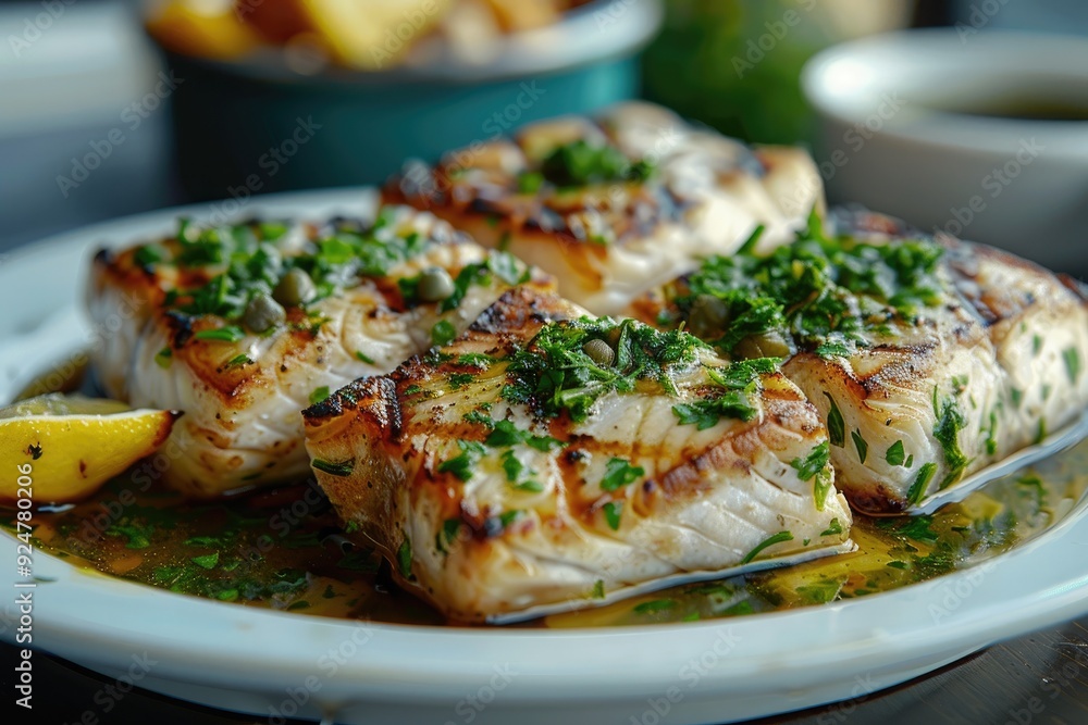 Grilled fish fillets garnished with herbs and lemon on a plate. Grilled fish fillets garnished with herbs and lemon on a plate.