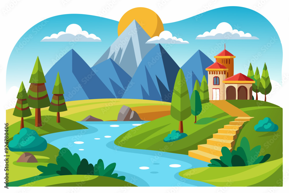 Fototapeta premium Picturesque Mountain Landscape with a River and a Building