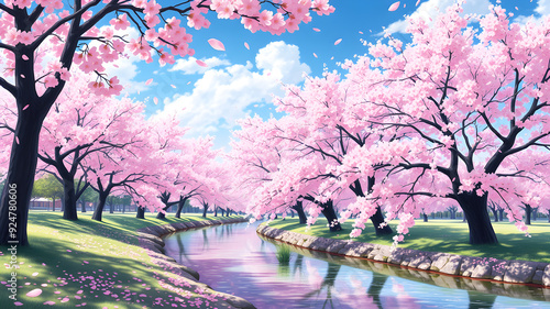 Sakura anime style landscape in spring with cherry trees in full bloom. pink petals gradually falling to the ground A clear, gently flowing river flows along the park. Reflecting the blooming flowers