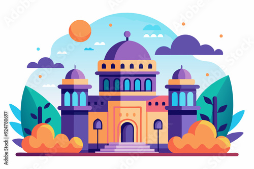 Colorful Illustration of a Mosque with a Dome and Minarets