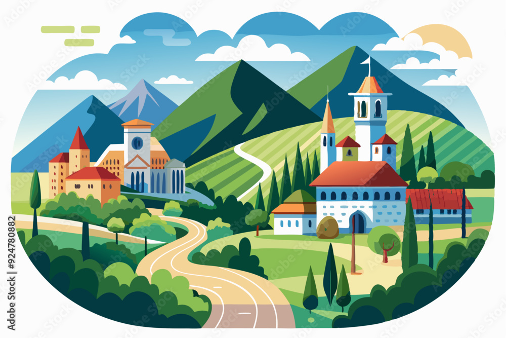Naklejka premium A winding road leads to a village nestled in green hills
