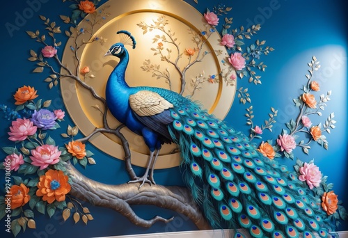 3d mural background blue peacock on branch wallpaper