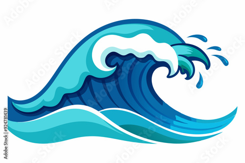 Cartoon Illustration of a Blue Ocean Wave with Water Droplets