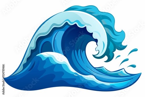 A blue ocean wave with white foam and water droplets.