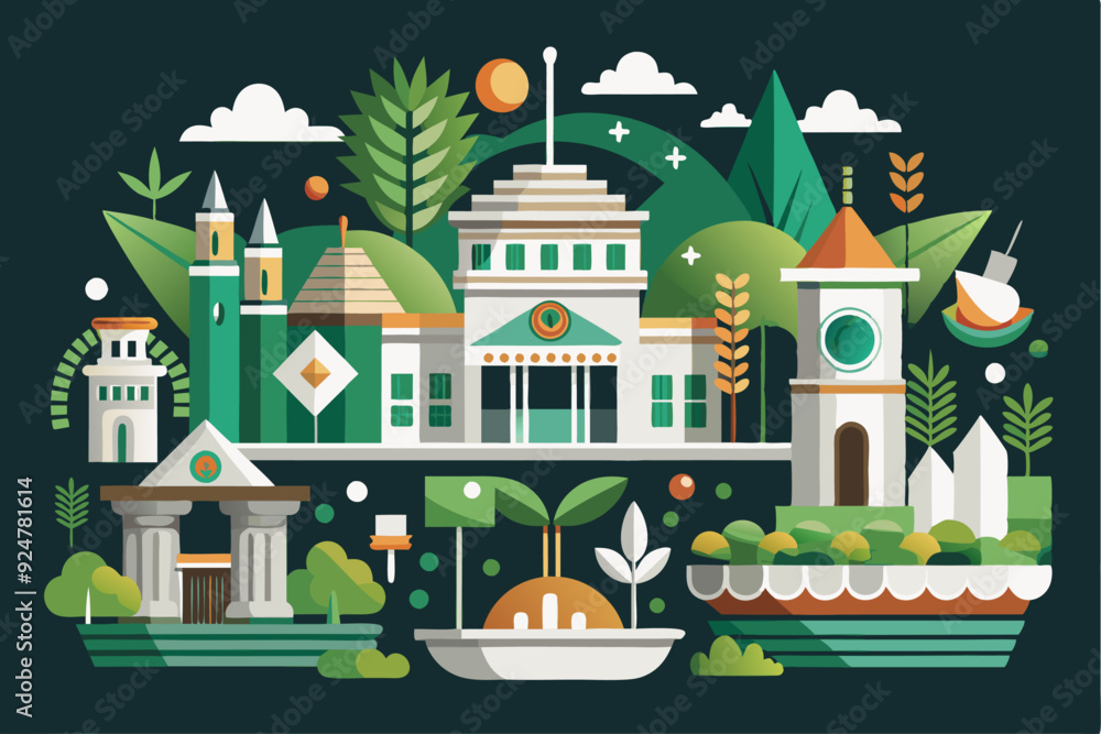 Obraz premium A Cityscape with Buildings, Green Spaces, and a Clock Tower