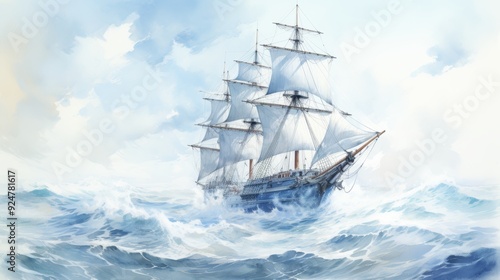 Watercolor painting of dramatic stormy sea panorama with classic vintage sailing ship