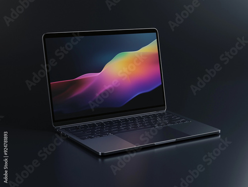 Graphic 3d model style of laptop computer mockup in dark background theme.