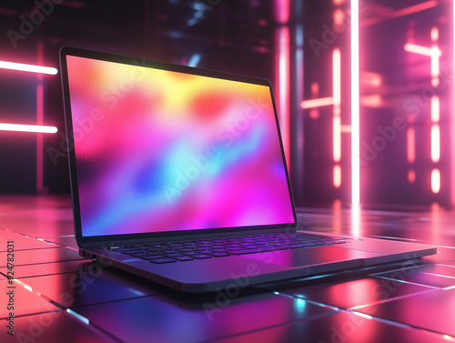 Graphic 3d model style of laptop computer mockup in dark background theme.