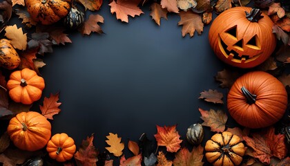 Halloween pumpkin border frame full of jack o lantern pumpkins and dried up autumn leaves for a happy halloween concept. Spooky season of October border frame. Halloween flat lay border frame