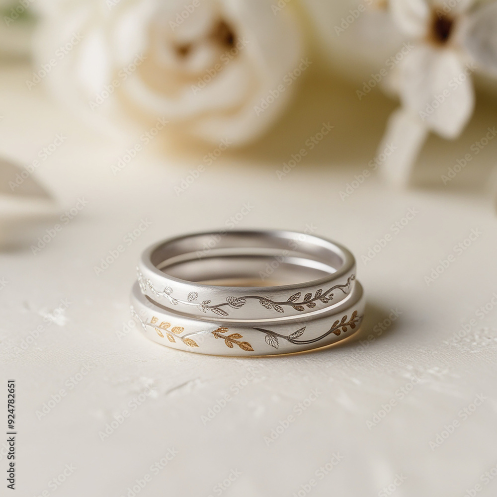 A delicate, minimalist wedding ring set featuring a modern botanical design, where intertwined vines and leaves are intricately etched onto the bands Generated by AI