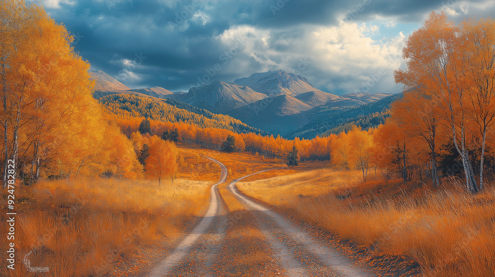 Fototapeta premium autumn colors in the mountains with mist-covered peaks and orange and yellow slopes, creating a serene fall atmosphere