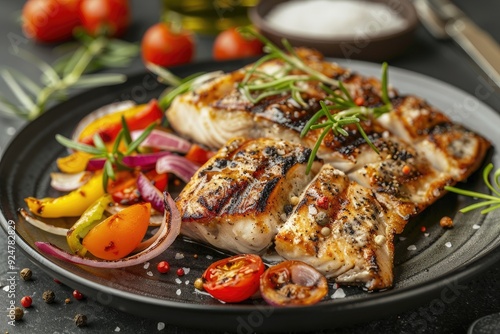 Grilled fish served with colorful vegetables and herbs on a plate.