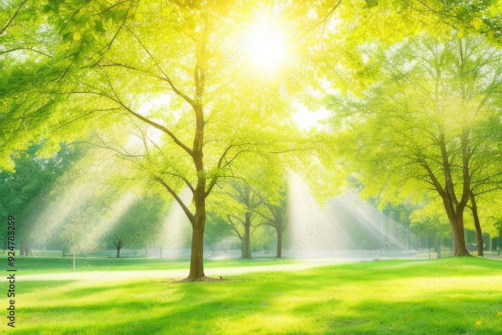 Sunrise in the park with green trees and grass Sunrise in the park with green trees and grass