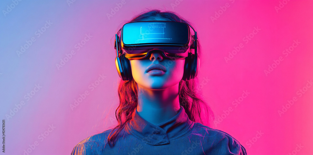 Woman wearing virtual reality headset in neon lighting. Woman wearing virtual reality headset in neon lighting.