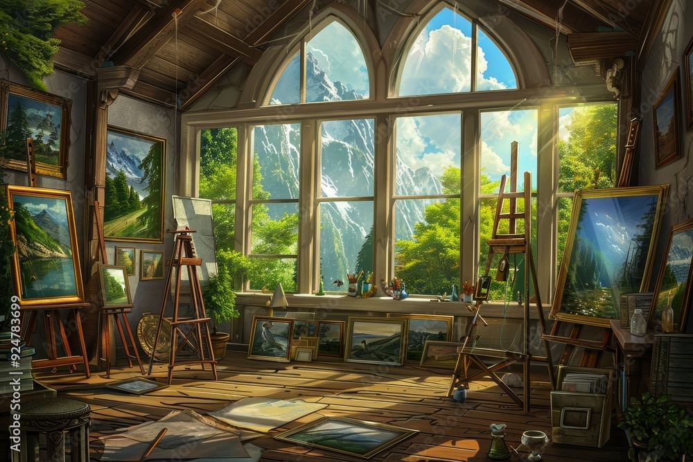Renaissance Art Studio Scene with Artist Creating a Masterpiece. Renaissance Art Studio Scene with Artist Creating a Masterpiece.