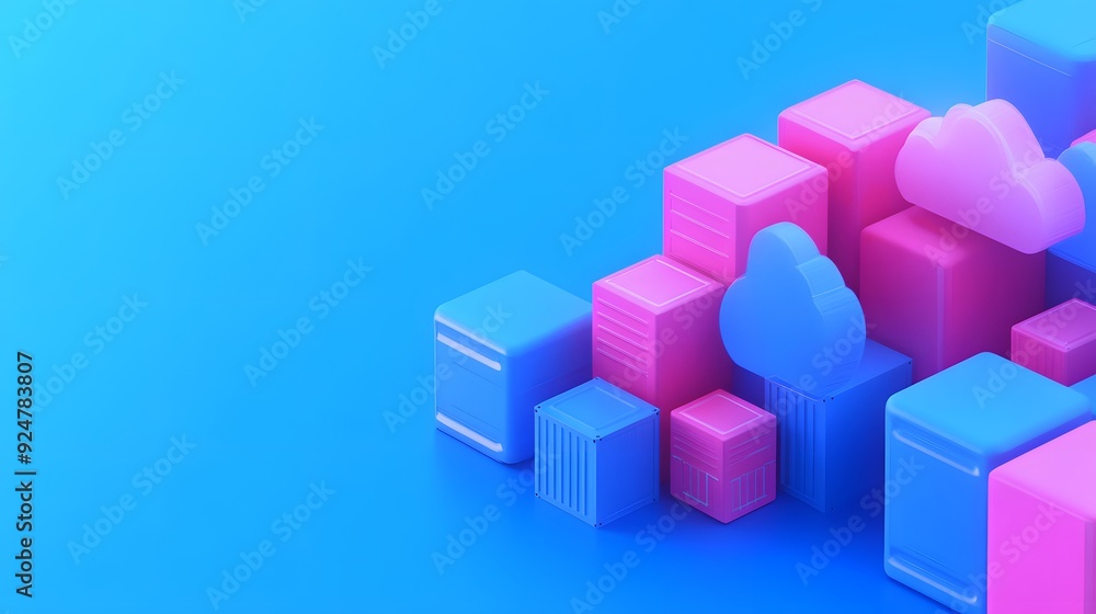 Colorful 3D blocks and cloud shapes on blue background, representing technology, data storage, and cloud computing concepts. Colorful 3D blocks and cloud shapes on blue background, representing technology, data storage, and cloud computing concepts.