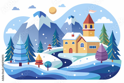 A Snowy Mountain Village with a Towering House