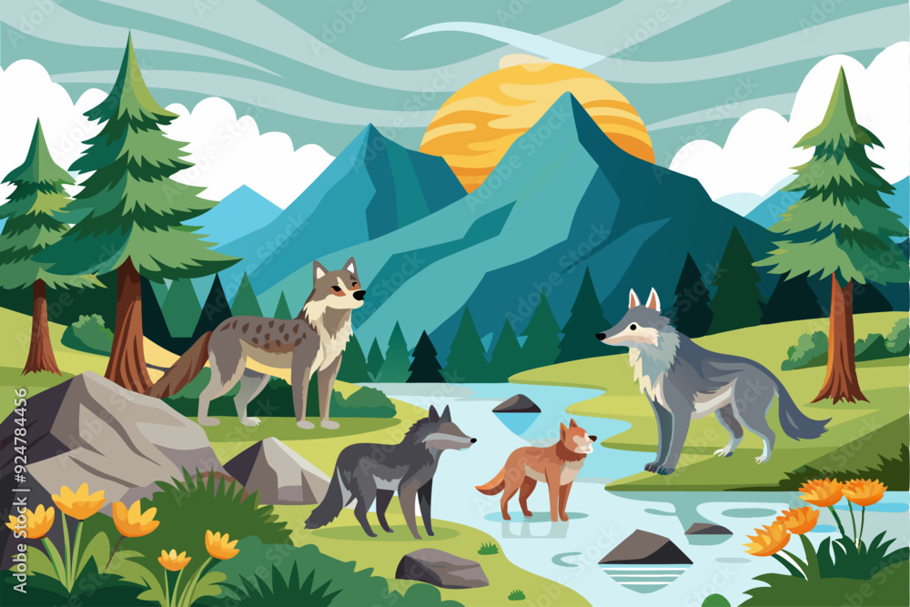 Naklejka premium Four Wolves by a River in a Mountain Landscape